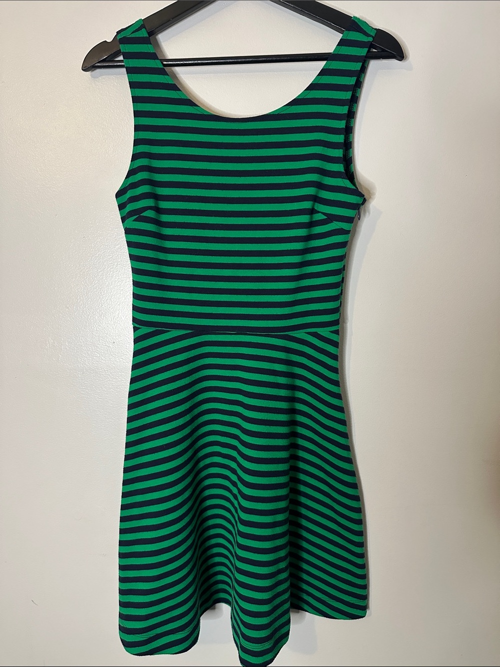 Kelly Green and Navy Stripe Skater Style minidress With Open Criss Cross Back, 6